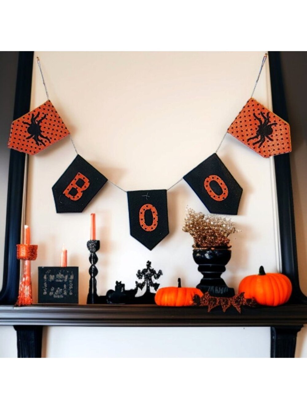 Happy Haunting Halloween Banner Spiders BOO Design Black & Orange Garland 5'3"